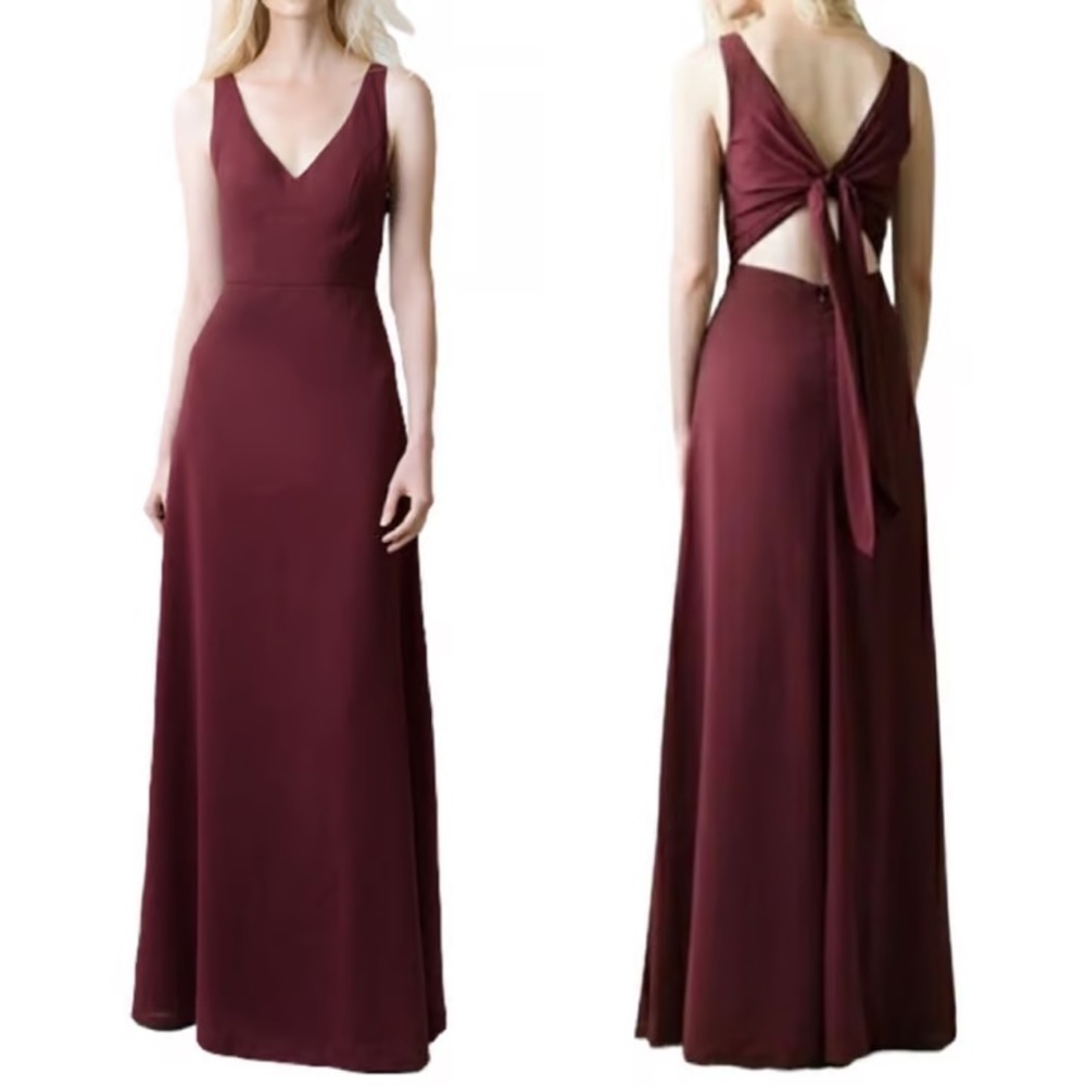 Jenny Yoo Burgundy Backless Maxi Dress with Tie-back